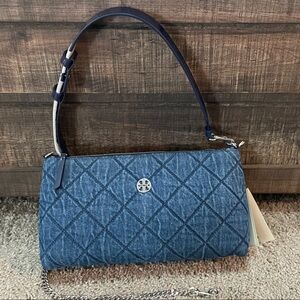 Tory Burch Blue Denim Quilted Handbag with choice of straps